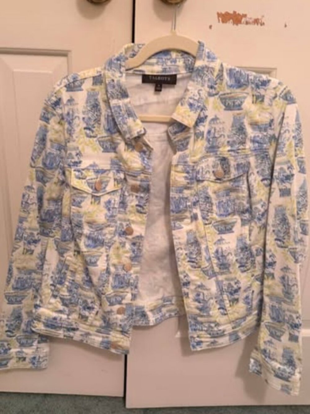 Talbots Blue Green and White Toile Jean Jacket